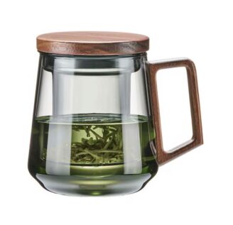 Glass Tea Mug With Infuser, Borosolicate Stovetop Safe,with wooden lid for Blooming Tea(500ML)