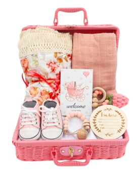 Baby Gift Set – 8-Pieces Newborn Essentials with Swaddle Blankets & Adorable Accessories (Peach)